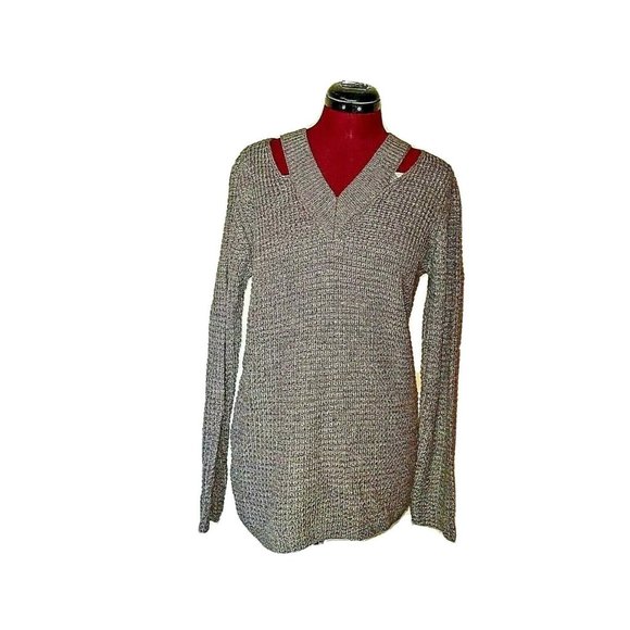 Hooked Up Womens Sweater Size XS Grey Heather Cut Out Caged V Neck - Picture 1 of 6